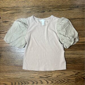 H&M Poplin Puff Sleeve Tee Blouse Beige Tan